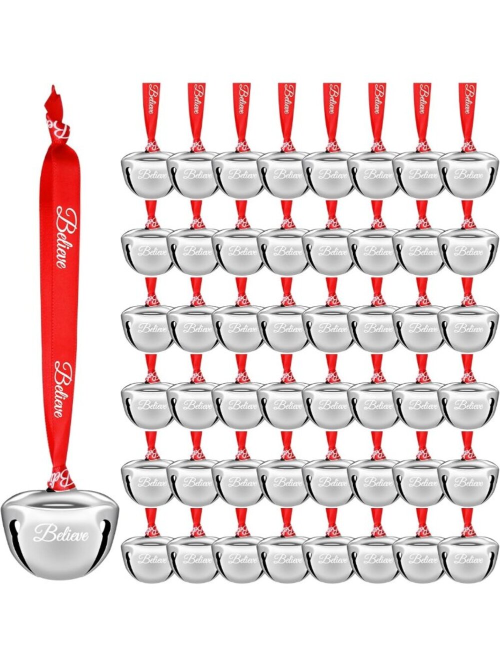 72 Pcs Silver Christmas Jingle Bell Ornaments with Believe Ribbon for Tree Decor